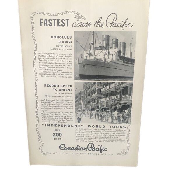 Vintage 1934 Canadian Pacific Fastest Across the Pacific Ad Advertisement - Picture 1 of 4